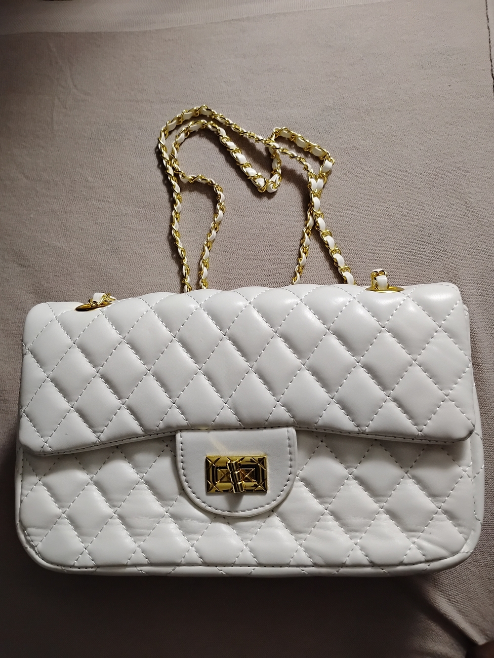 White Quilted Chain Shoulder Bag with Gold Hardware
